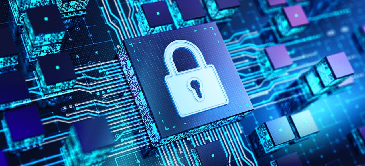 Image of a digital padlock and computer circuits