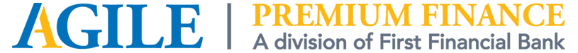 Blue and yellow Agile Premium Finance logo, a division of First Financial Bank