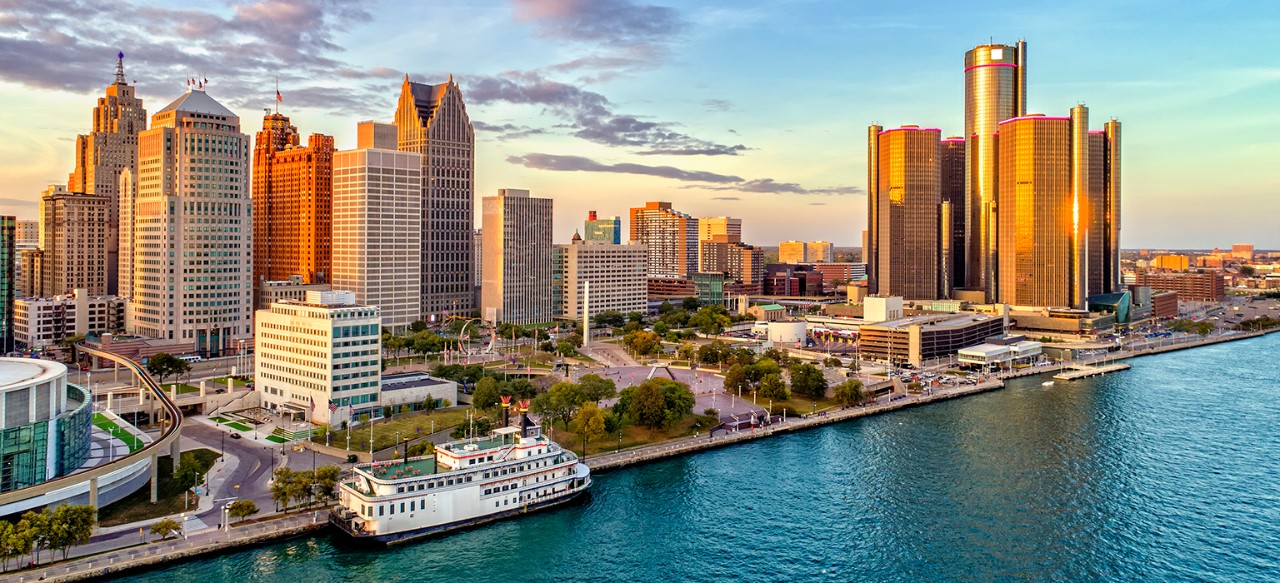 Detroit Aerial Panorama during sunset