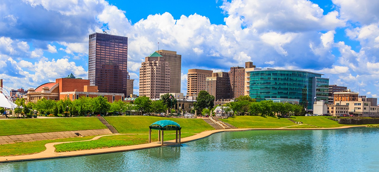 Dayton skyline with Miami River, Ohio