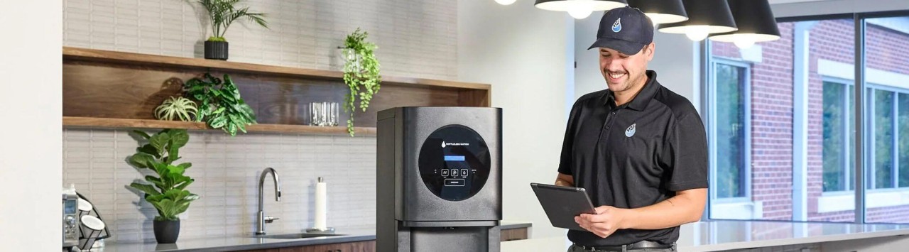 Bottleless Nation associate smiling and holding a clipboard near a modern water dispenser