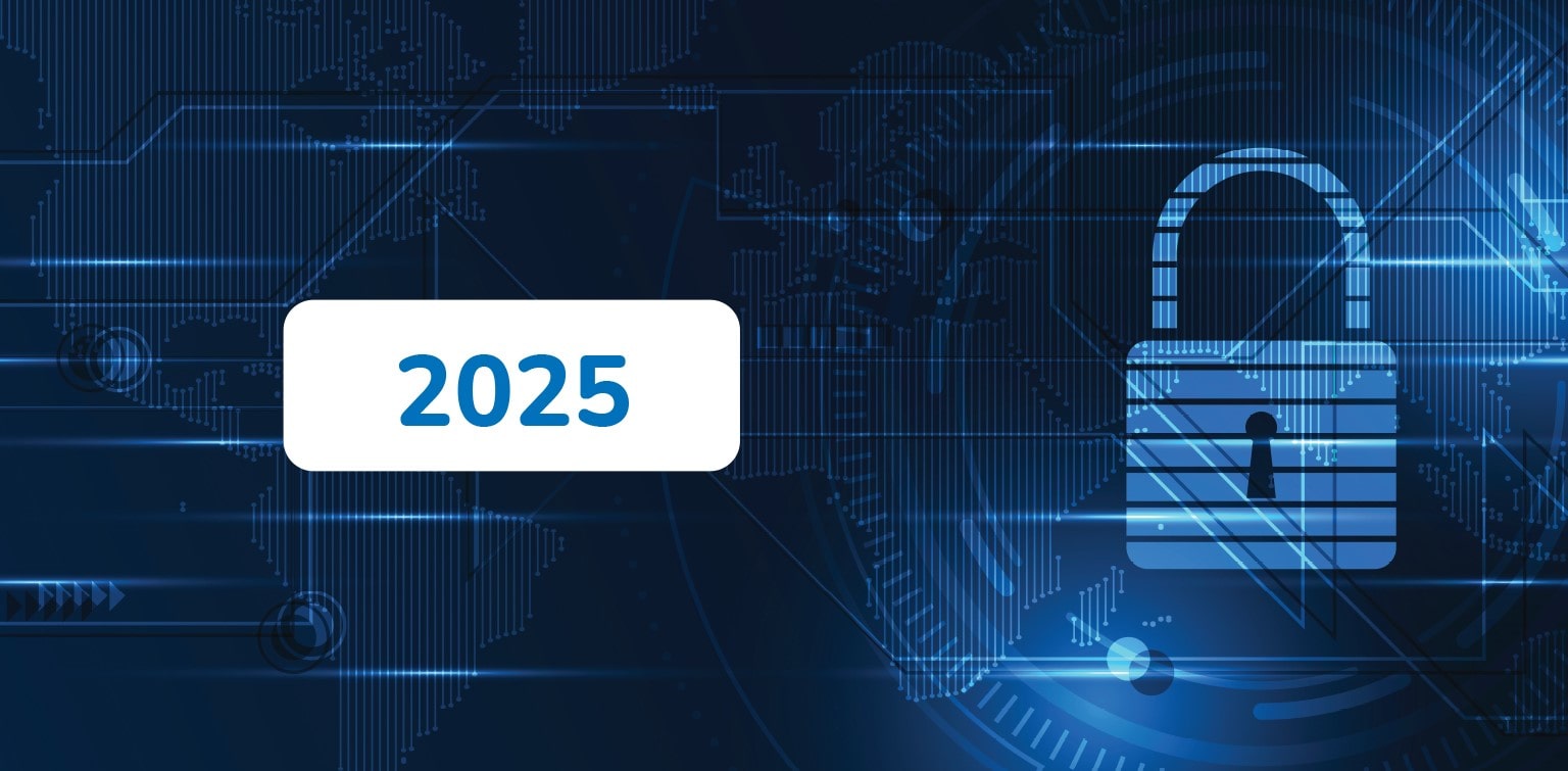 Digital lock and "2025" text on a blue, futuristic background with abstract world map and technological elements