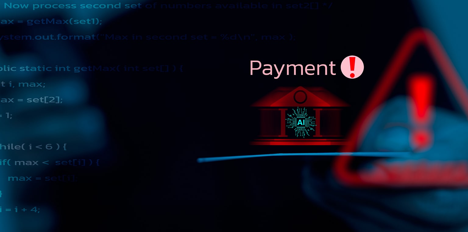 A red and blue digital projection displaying the word "Payment!" prominently.