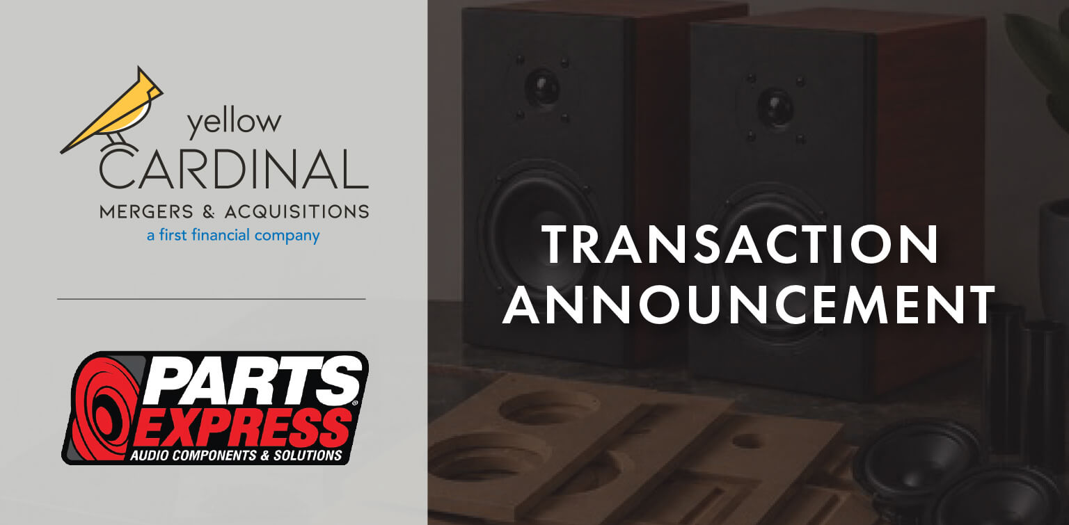 Yellow Cardinal M&A Services and Parts Express logos next to image of speakers and audio supplies and the words "Transaction Announcement"
