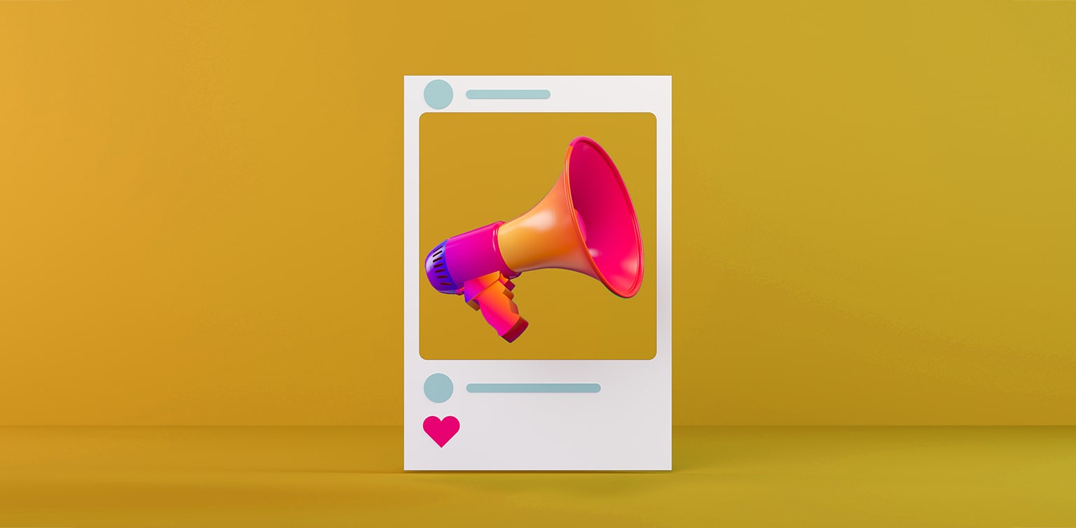 Megaphone in Instagram window on yellow background