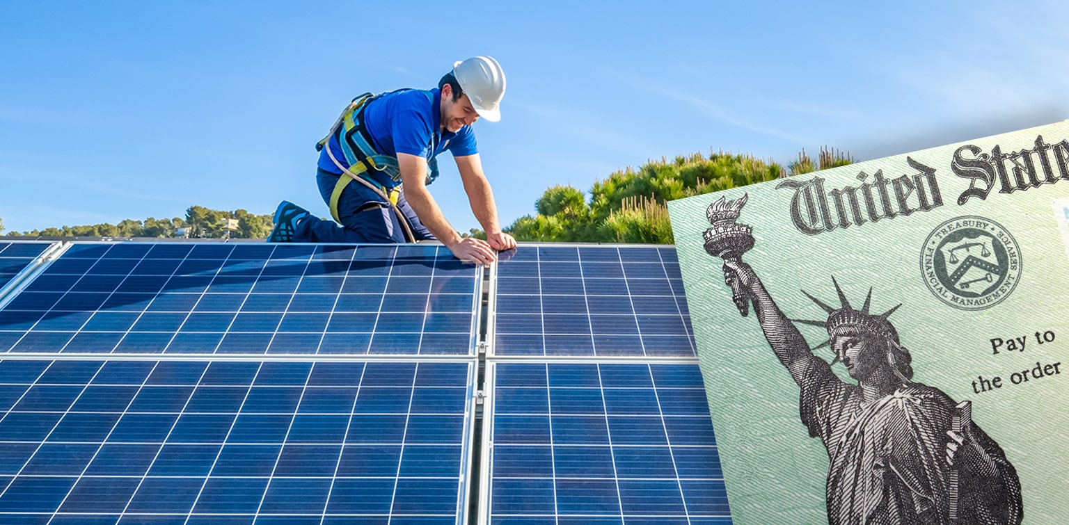 Tax refund check overlaid on photo of installer placing solar panels on roof of home