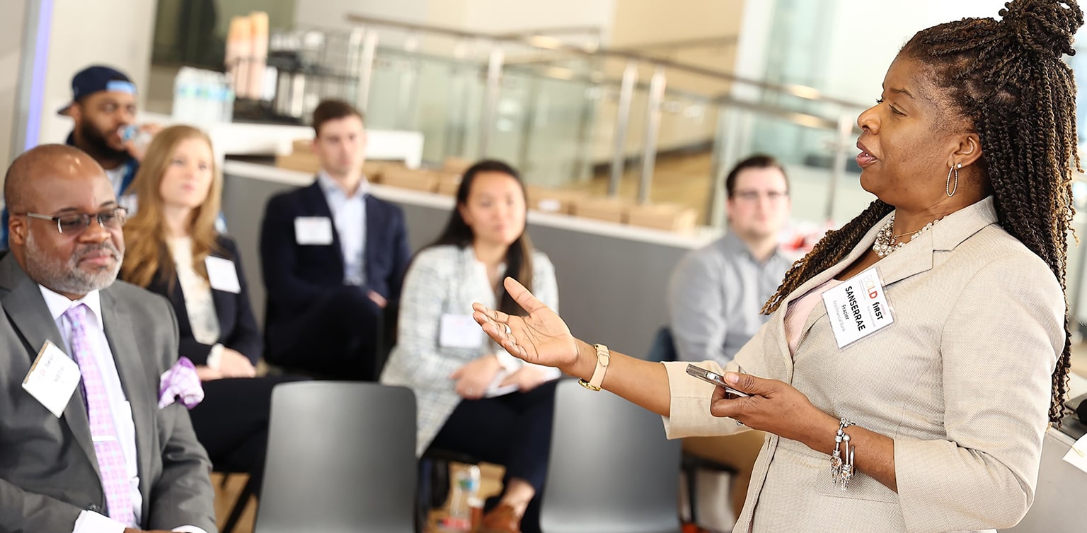 First Financial’s Sanserrae Frazier speaks to participants of the Bold10 Training Program