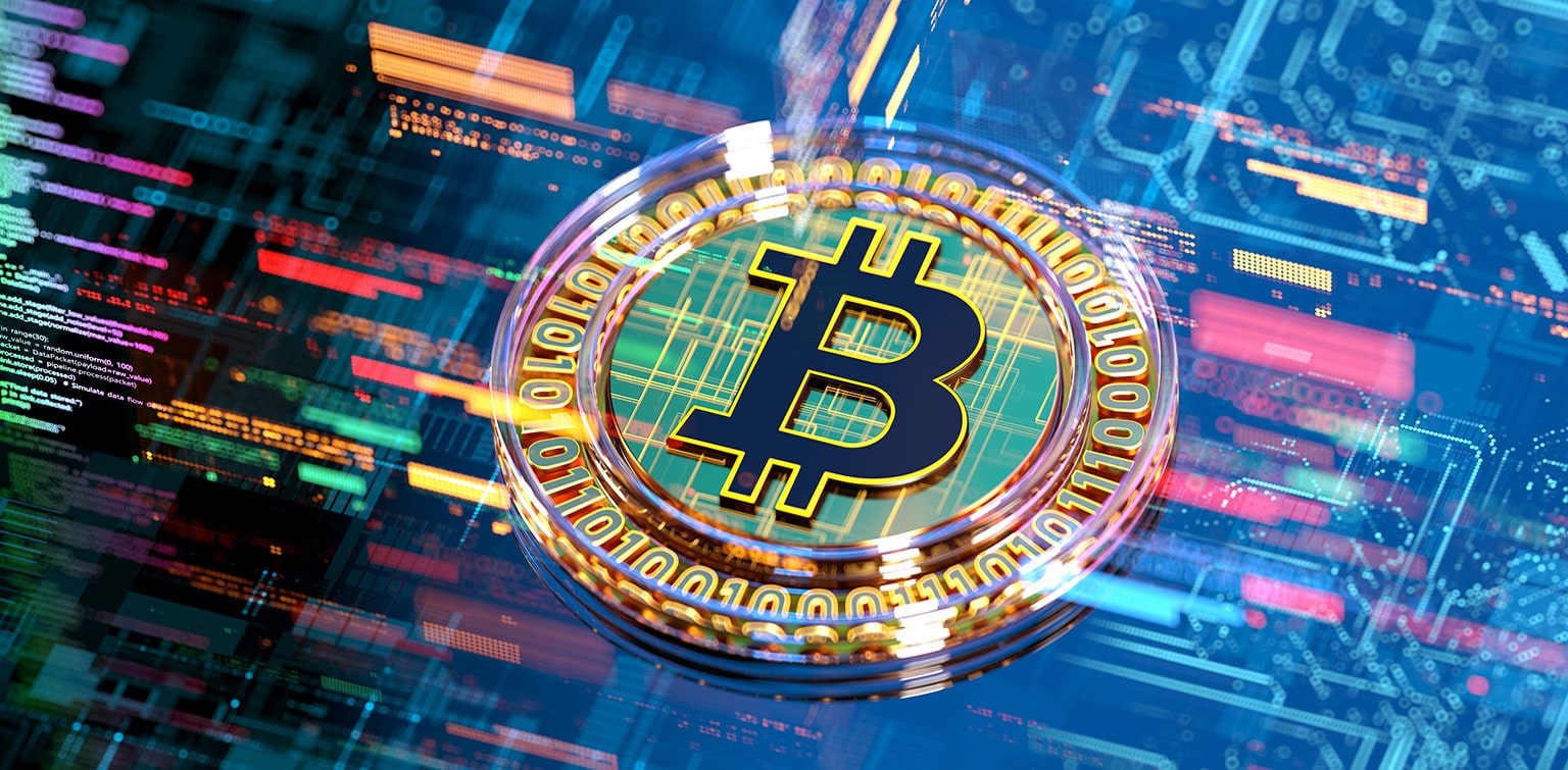 Bitcoin symbol superimposed over rapidly-moving digital stock market data