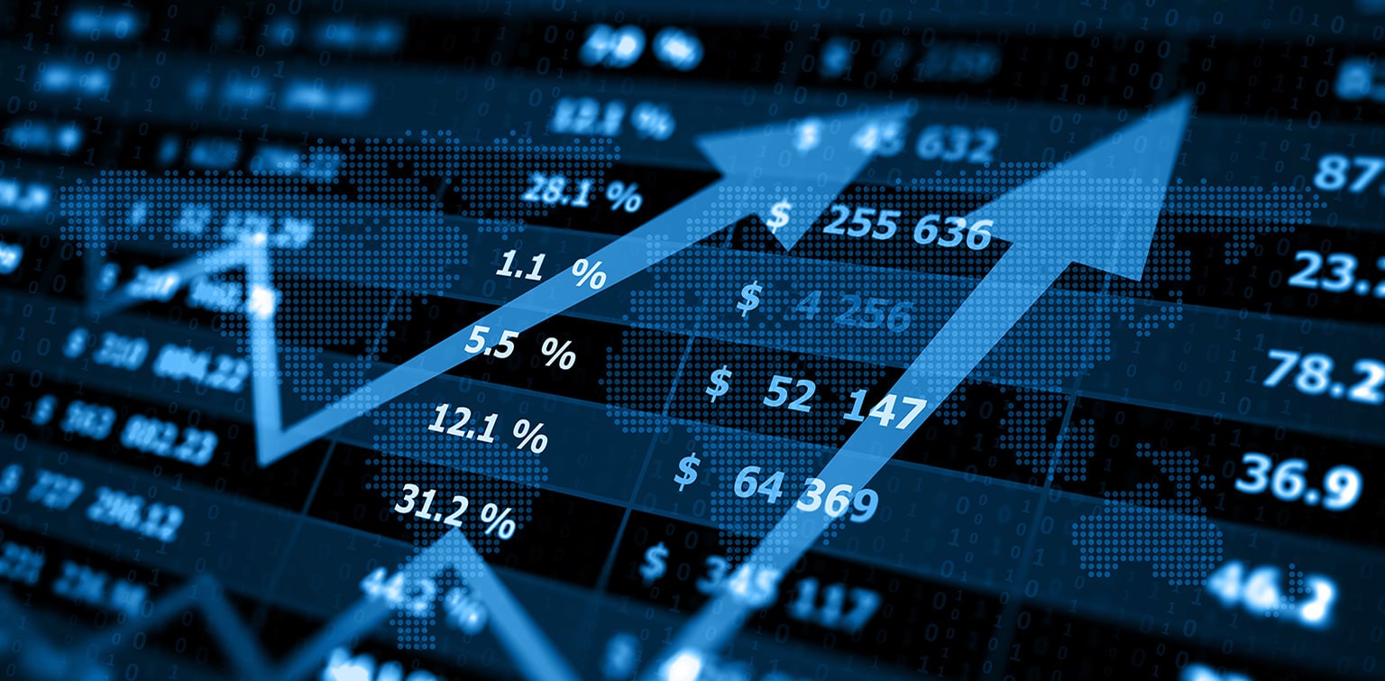 Financial data figures with upward arrow overlay