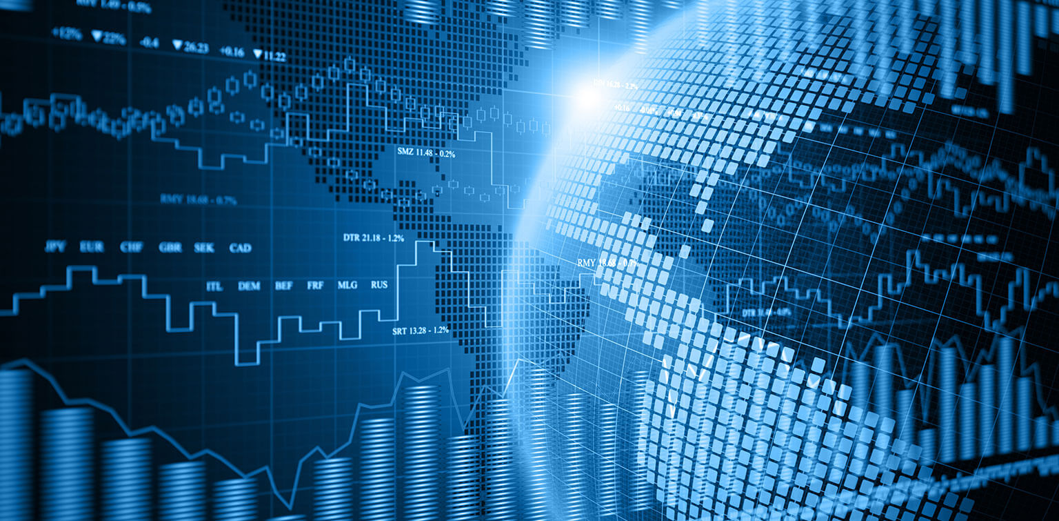 Digital image displaying financial data over portions of the globe