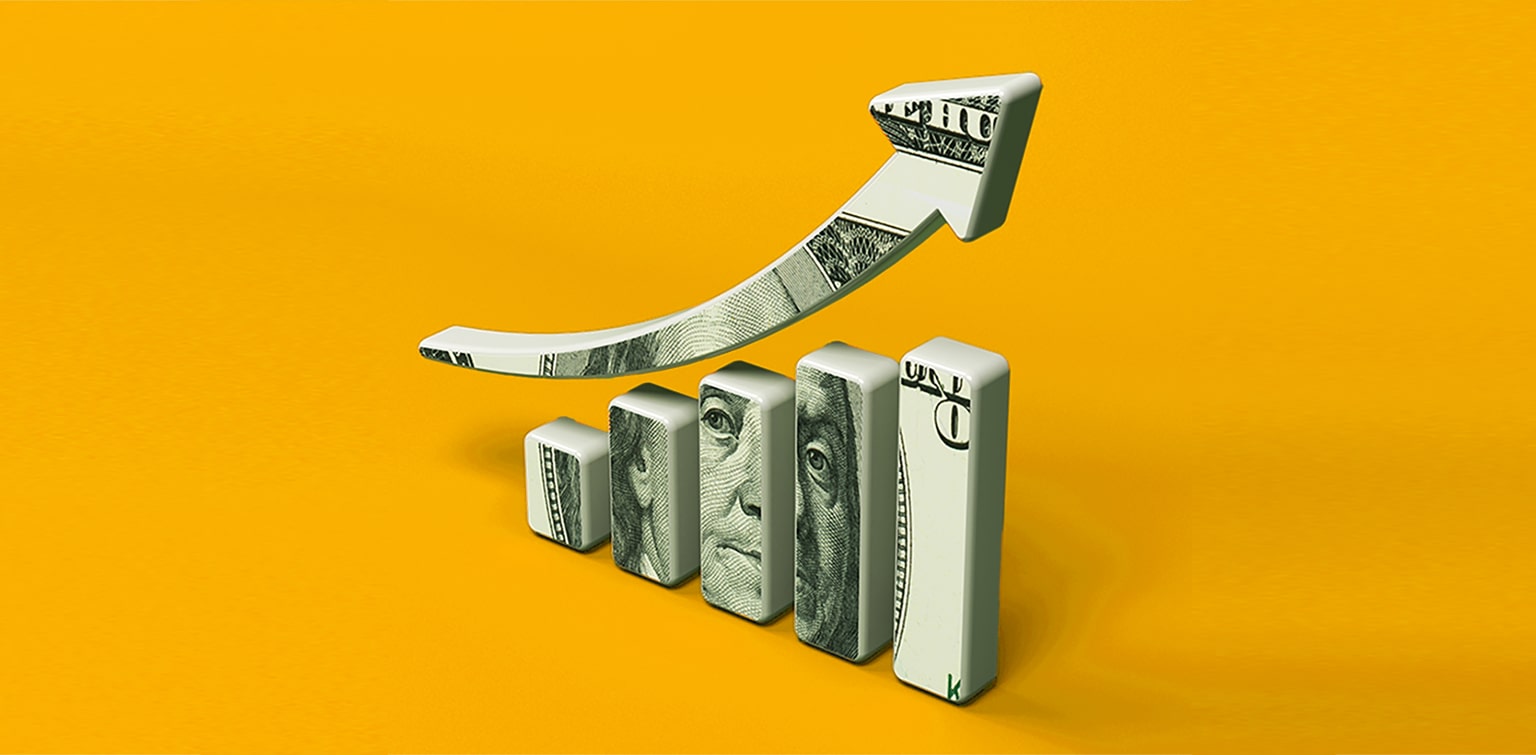 3-D $100 bill financial graph with arrow showing interest growth