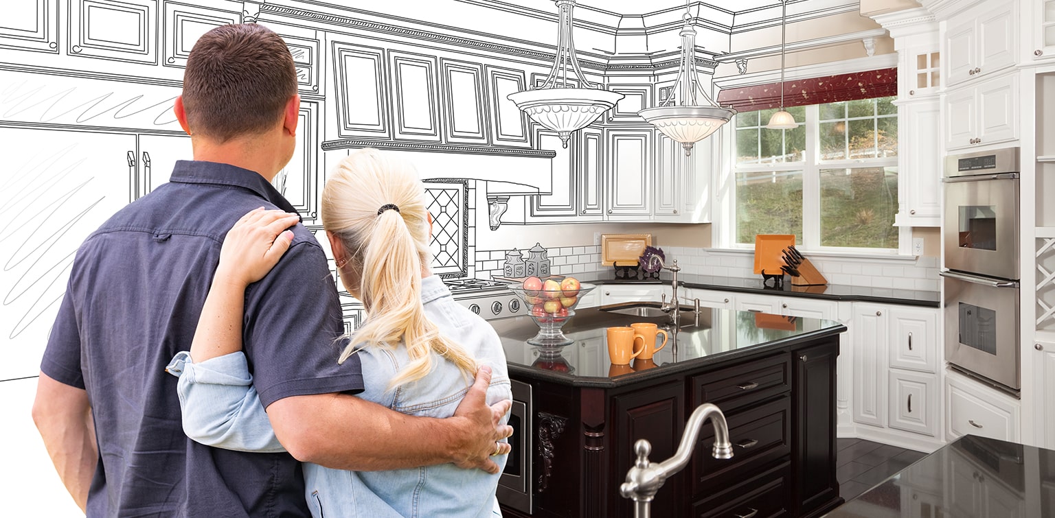 Couple facing custom kitchen drawing gradating to photo