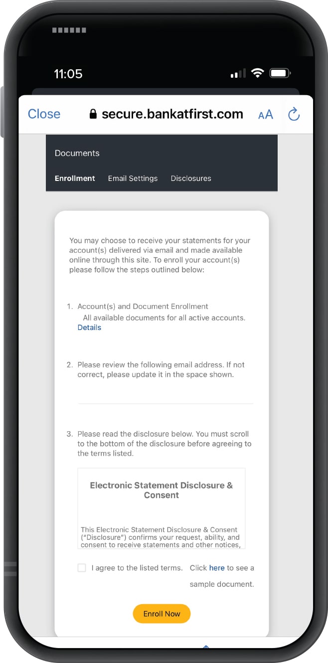 Smartphone displaying First Financial Bank mobile app eStatements enrollment screen