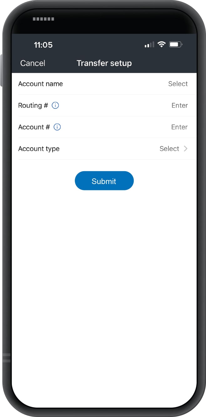 Smartphone displaying First Financial Bank mobile app transfer setup screen