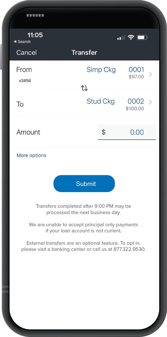 Smartphone displaying First Financial Bank mobile app transfer from-and-to screen