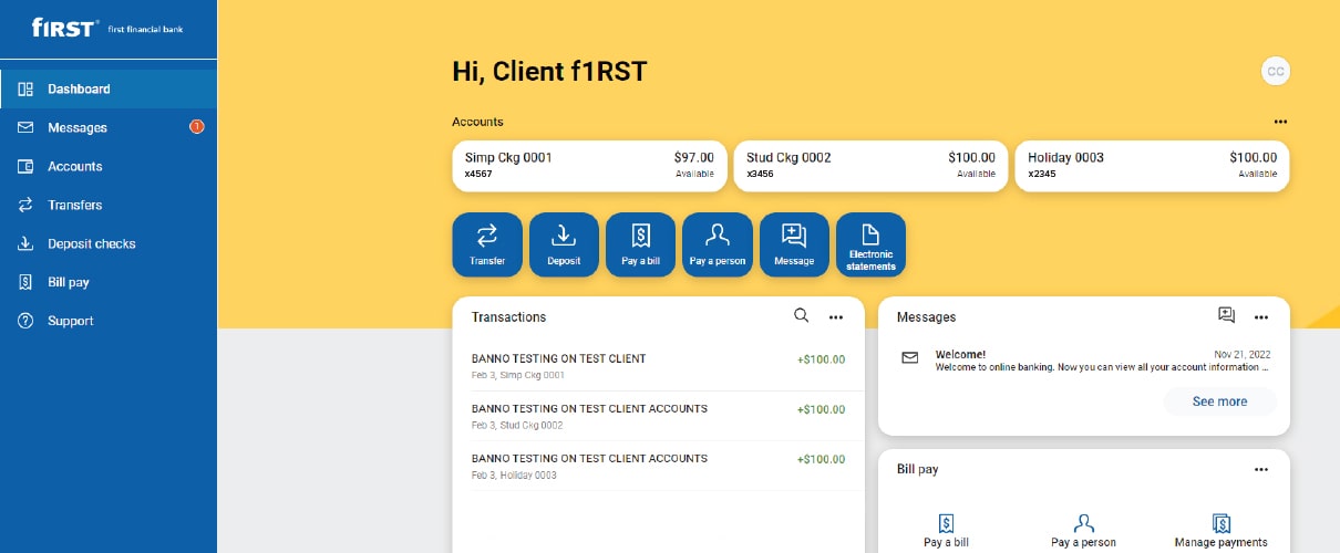 Desktop display of First Financial Bank online banking welcome screen