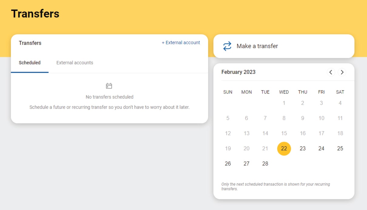 Desktop display of First Financial Bank online banking transfers screen