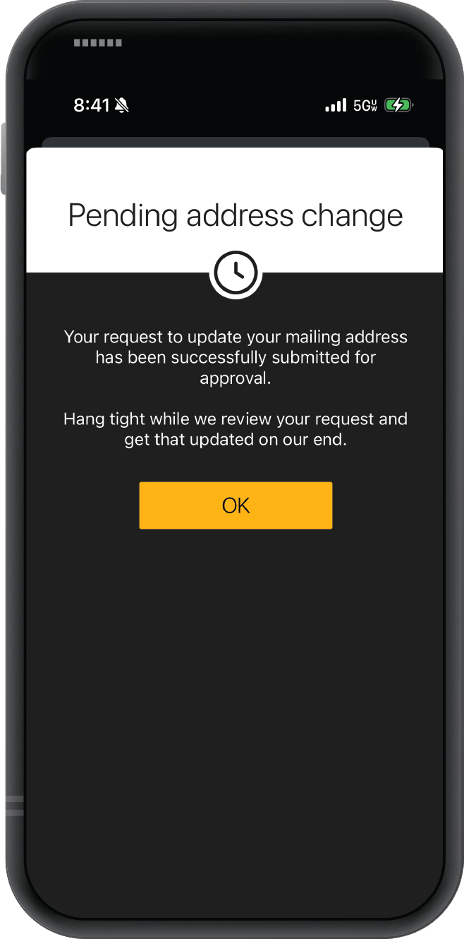 pending address change confirmation screen