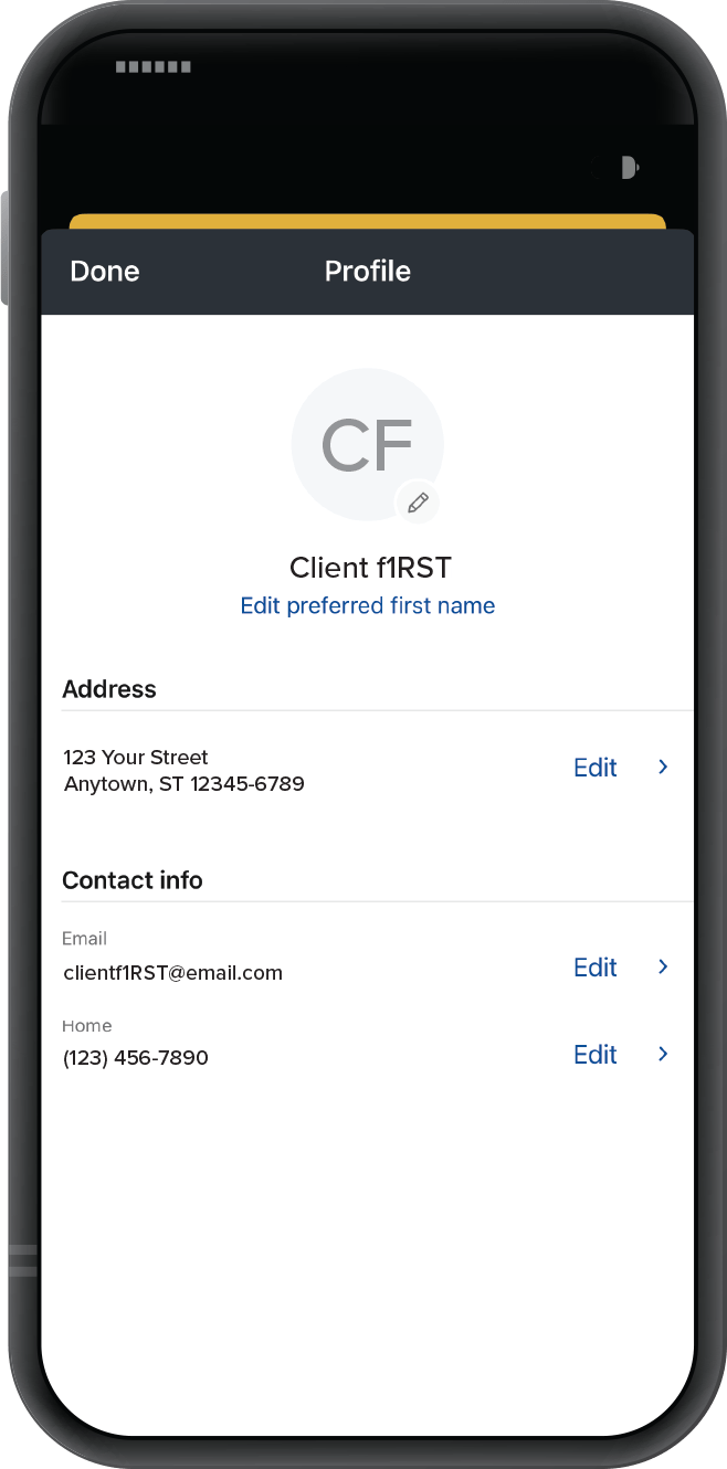 Profile section of First Financial Bank's app