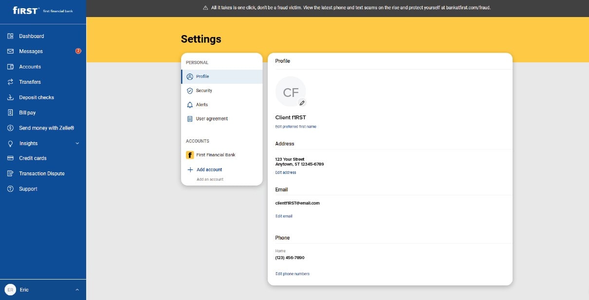 Online Banking settings menu