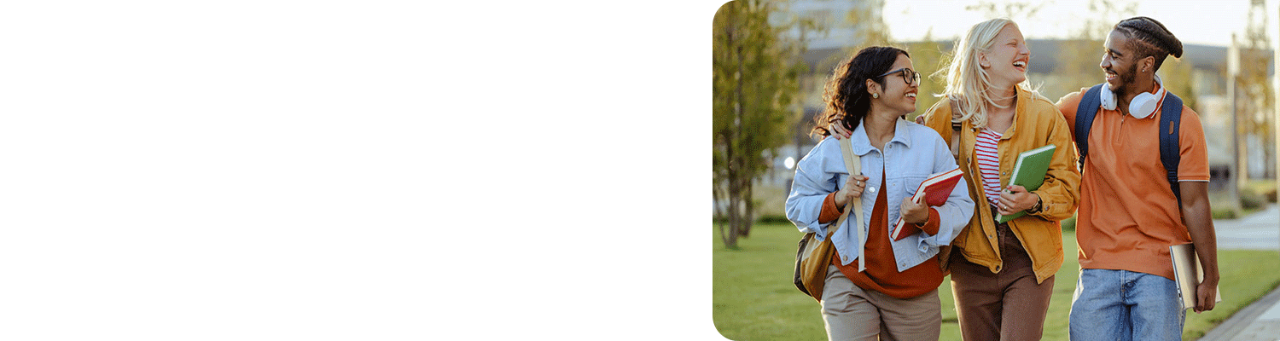 Three diverse college students walking and chatting