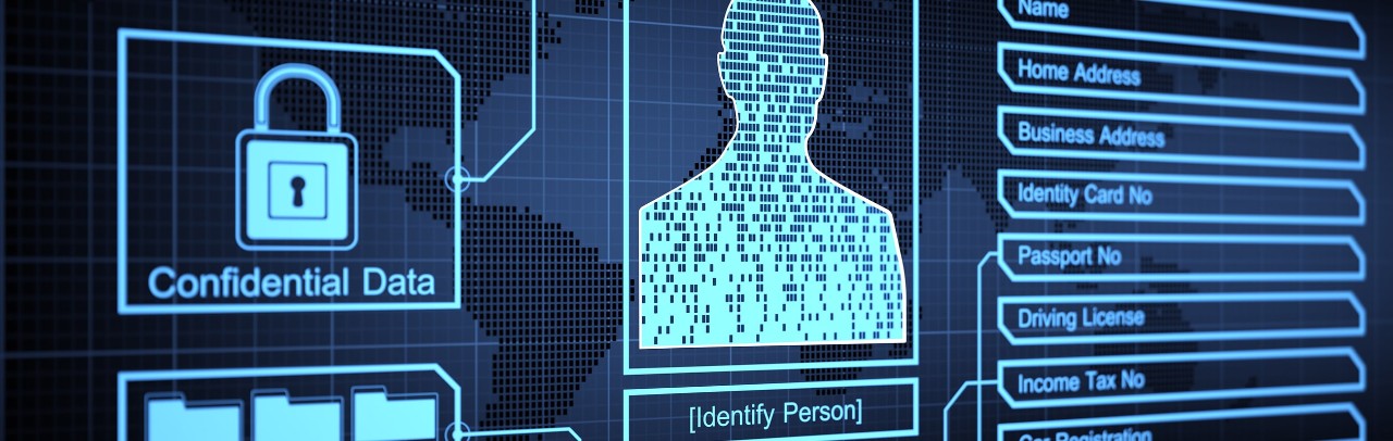 A digital screen with pixelated person and a lock that says confidential data