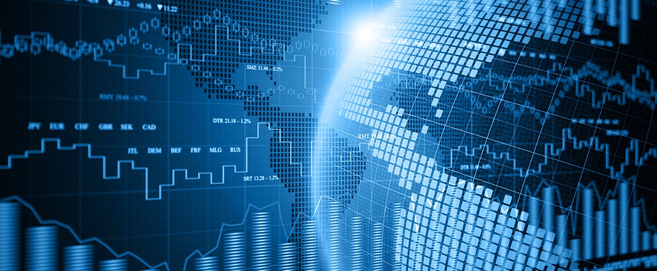 Digital image displaying financial data over portions of the globe