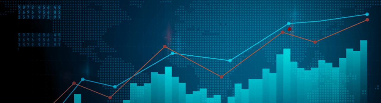 A digital financial chart with graphs, trend lines, and binary numbers, all set on a blue background.