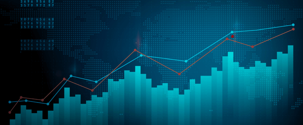 A digital financial chart with graphs, trend lines, and binary numbers, all set on a blue background.