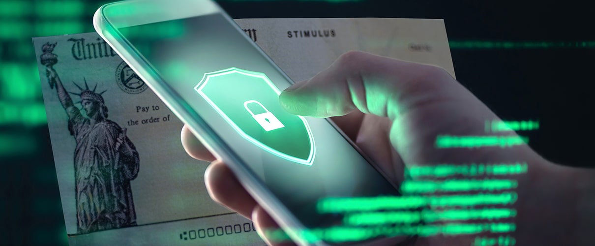 Person holding smartphone with padlock shield and background with a stimulus check